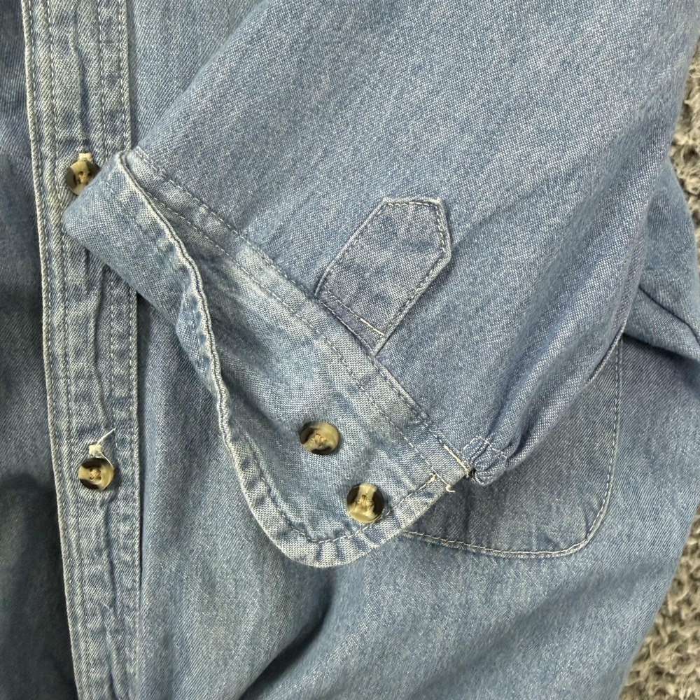 KMJ Kate McHale Jensen Shirt Womens Small Blue Denim Ruffle Collar Puff Sleeve - Picture 5 of 10